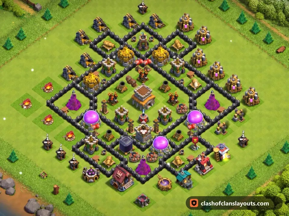 TH8 Trophy Base Layout 283: Clash of Clans Town Hall 8 trophy base layout, full base picture