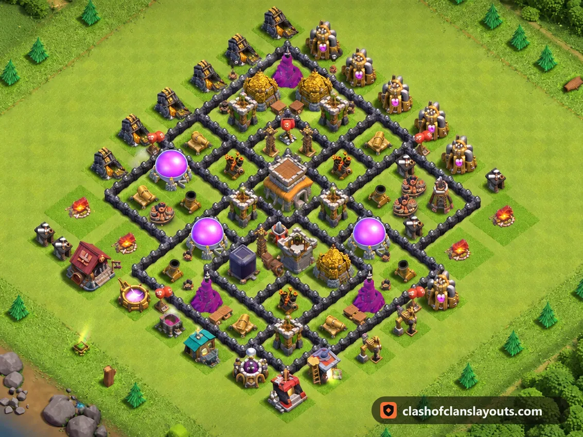 TH8 Trophy Base Layout 285: Clash of Clans Town Hall 8 trophy base layout, full base picture