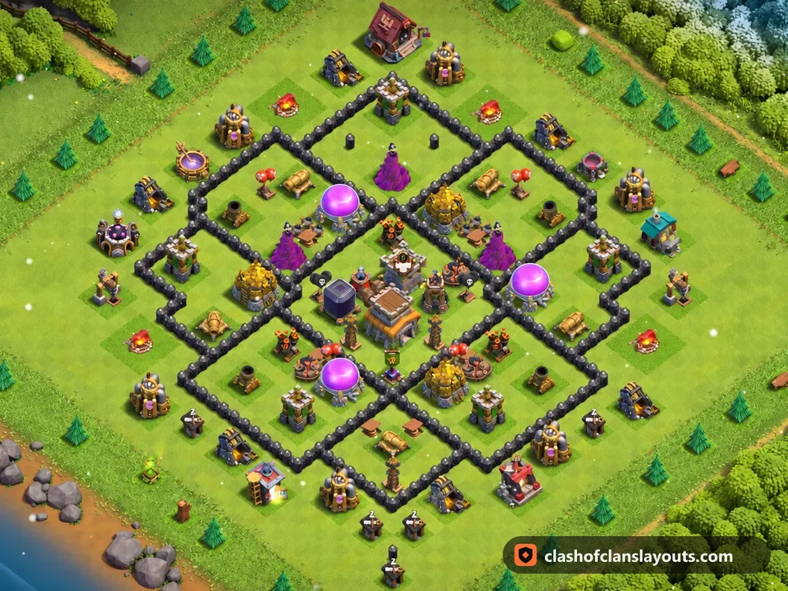 Trophäenbase TH8 287: Clash of Clans Trophäenbase für Rathaus 8, komplettes Bild der Base