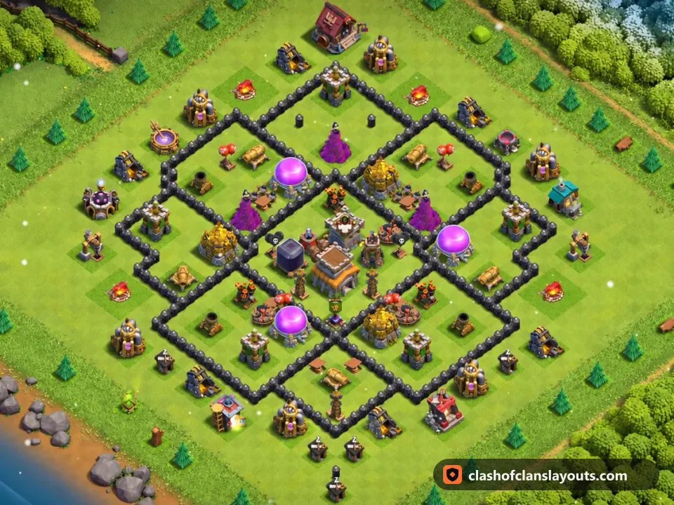 TH8 Trophy Base Layout 287: Clash of Clans Town Hall 8 trophy base layout, full base picture