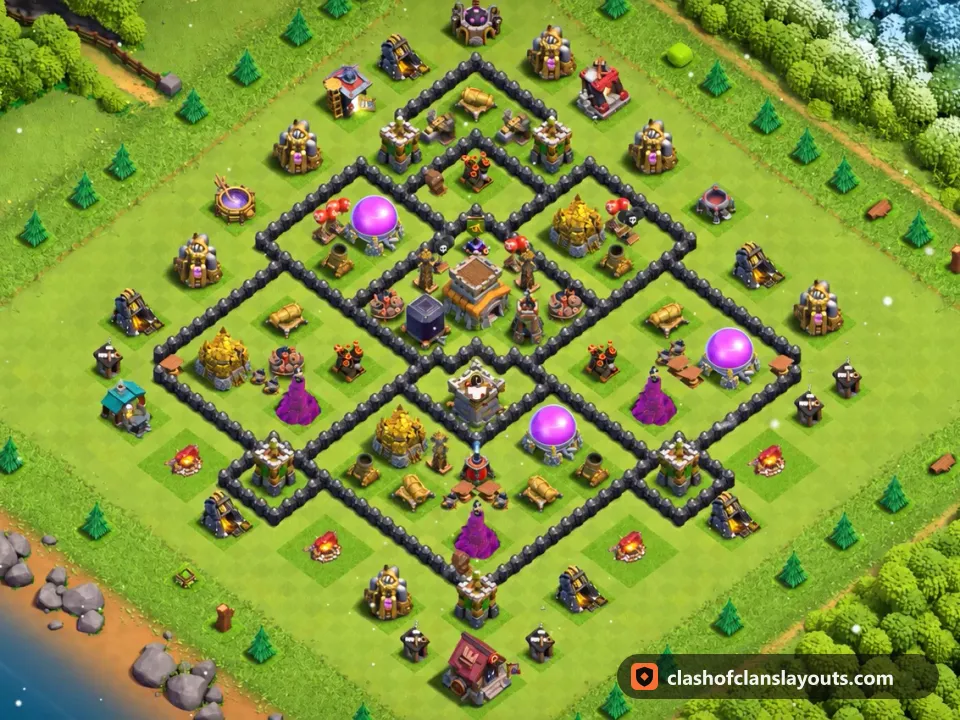 TH8 Trophy Base Layout 288: Clash of Clans Town Hall 8 trophy base layout, full base picture