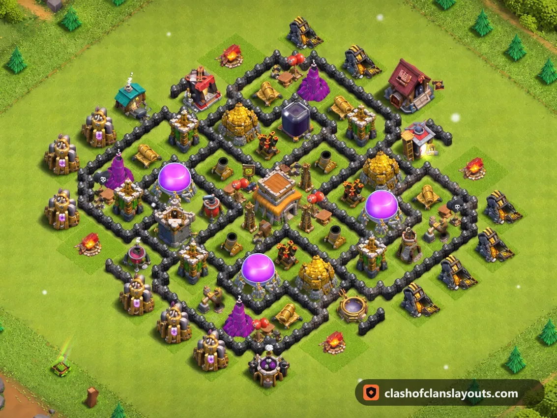 Trophäenbase TH8 289: Clash of Clans Trophäenbase für Rathaus 8, komplettes Bild der Base