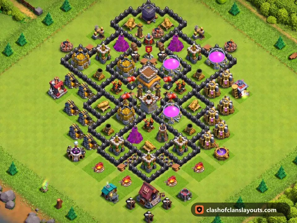 TH8 Trophy Base Layout 290: Clash of Clans Town Hall 8 trophy base layout, full base picture