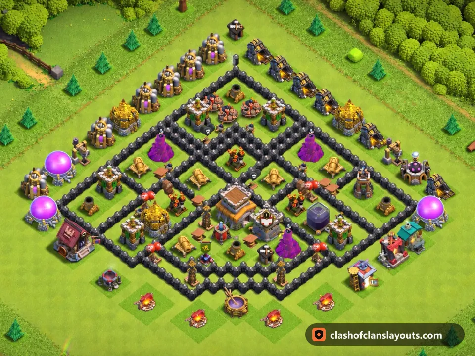 TH8 Trophy Base Layout 291: Clash of Clans Town Hall 8 trophy base layout, full base picture