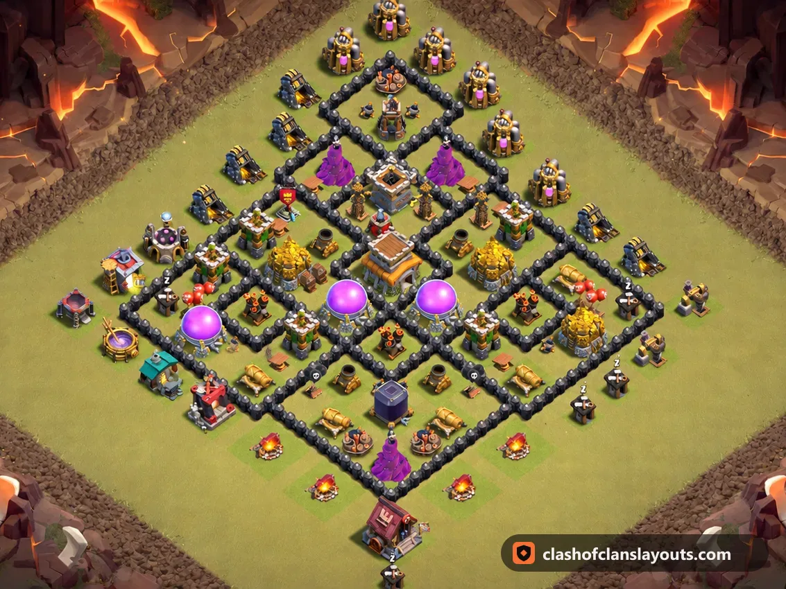 TH8 War Base Layout 138: Clash of Clans Town Hall 8 war base layout, full base picture