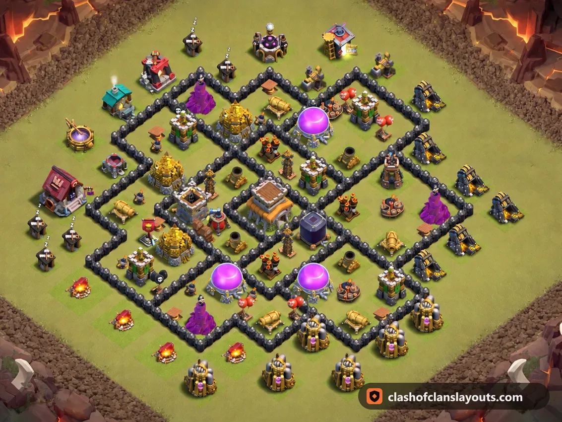 TH8 War Base Layout 142: Clash of Clans Town Hall 8 war base layout, full base picture