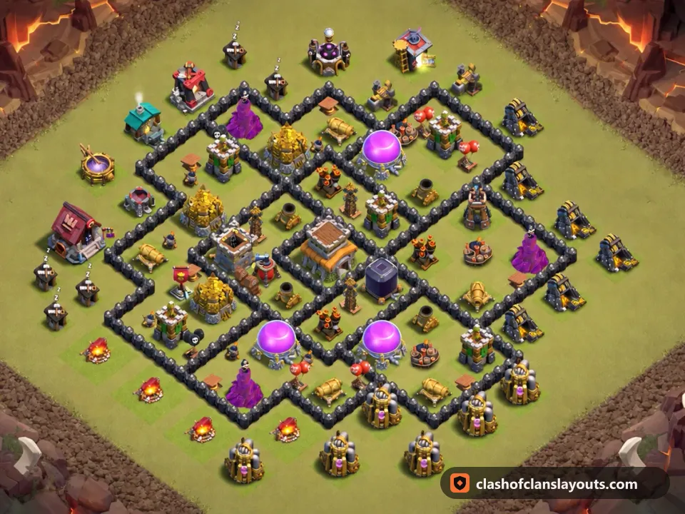 TH8 War Base Layout 142: Clash of Clans Town Hall 8 war base layout, full base picture