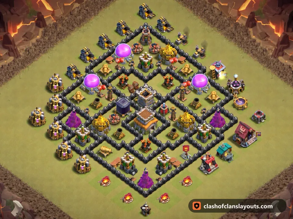 TH8 War Base Layout 143: Clash of Clans Town Hall 8 war base layout, full base picture