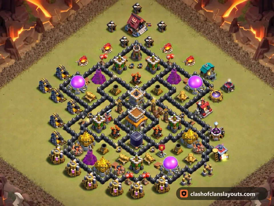 TH8 War Base Layout 144: Clash of Clans Town Hall 8 war base layout, full base picture