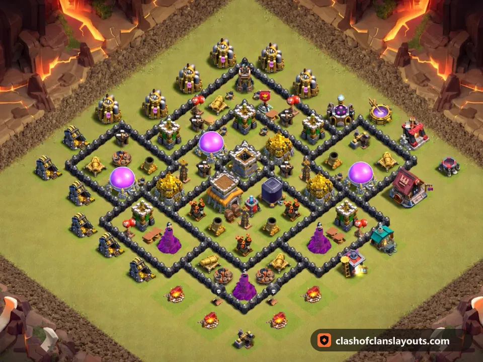 TH8 War Base Layout 145: Clash of Clans Town Hall 8 war base layout, full base picture