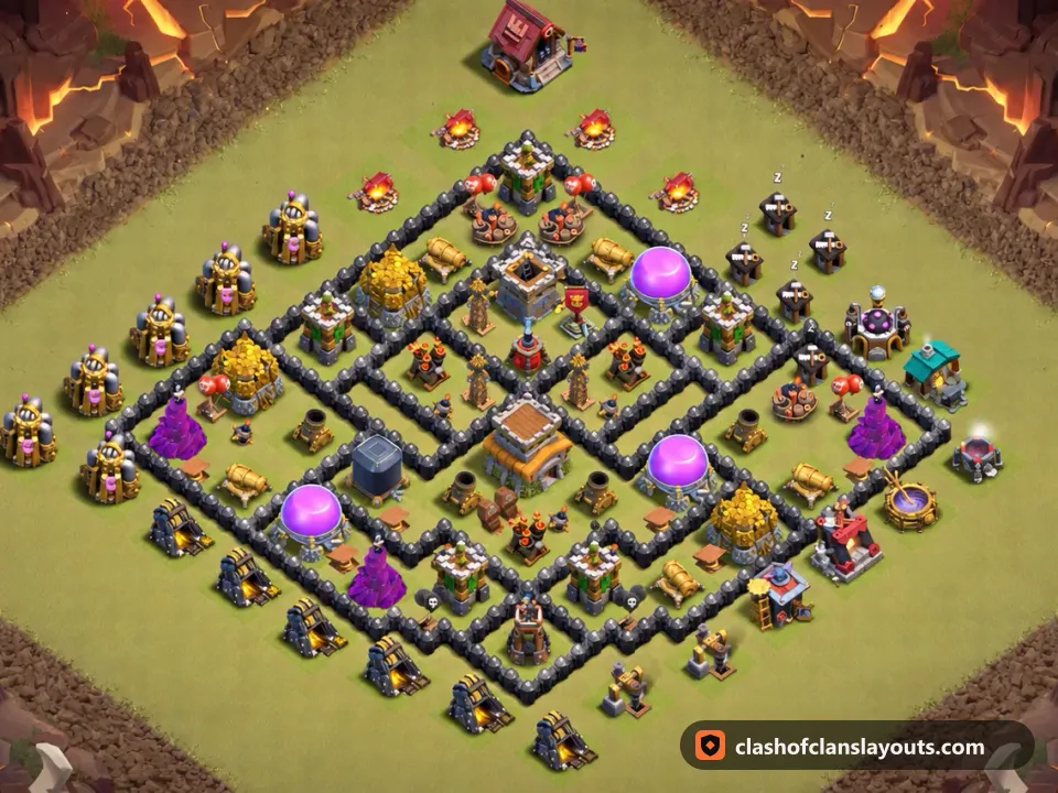 TH8 War Base Layout 147: Clash of Clans Town Hall 8 war base layout, full base picture