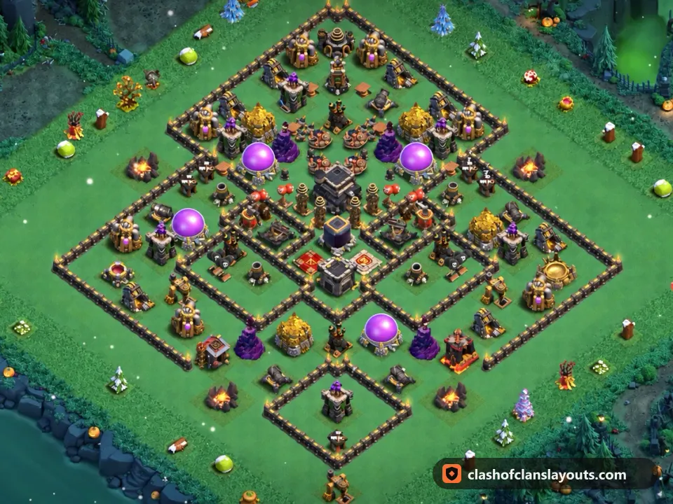 TH9 Farm Base Layout 259: Clash of Clans Town Hall 9 farm base layout, full base picture