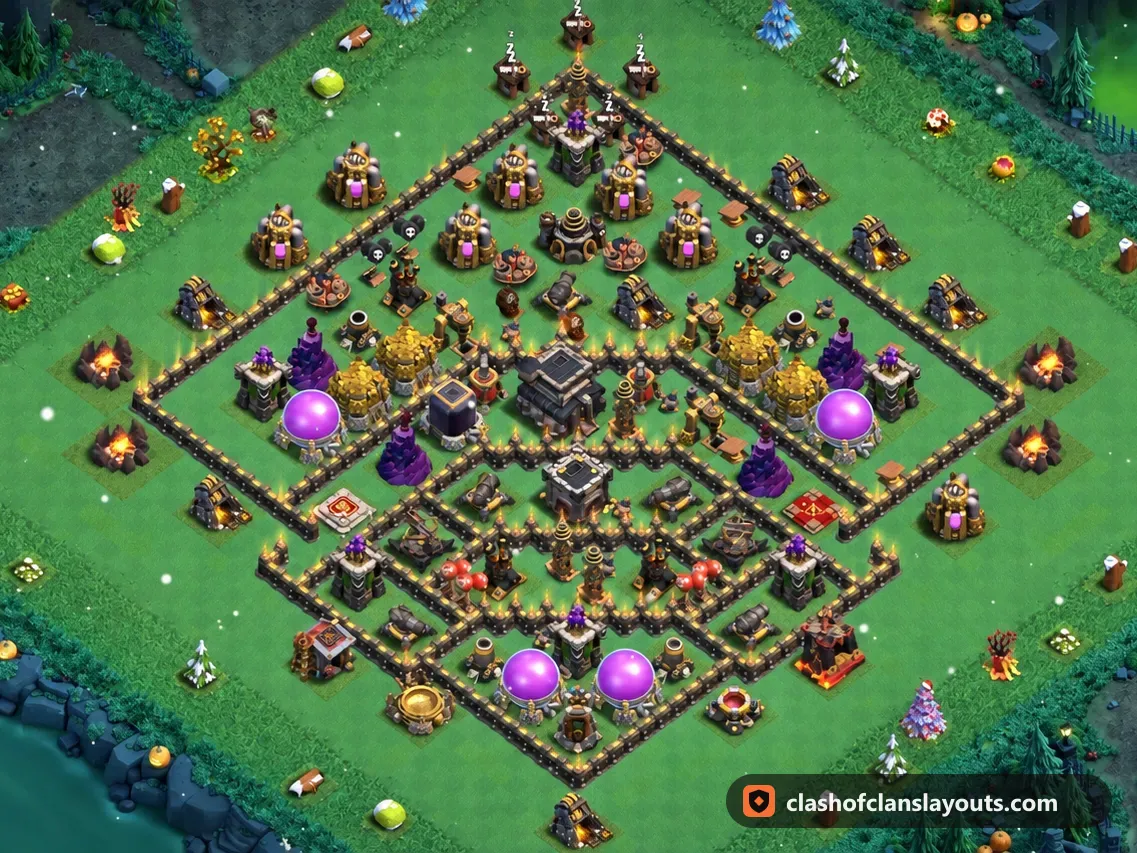 TH9 Farm Base Layout 261: Clash of Clans Town Hall 9 farm base layout, full base picture