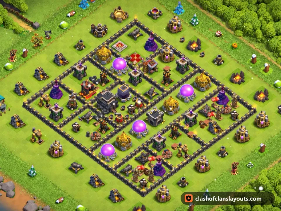 TH9 Farm Base Layout 263: Clash of Clans Town Hall 9 farm base layout, full base picture