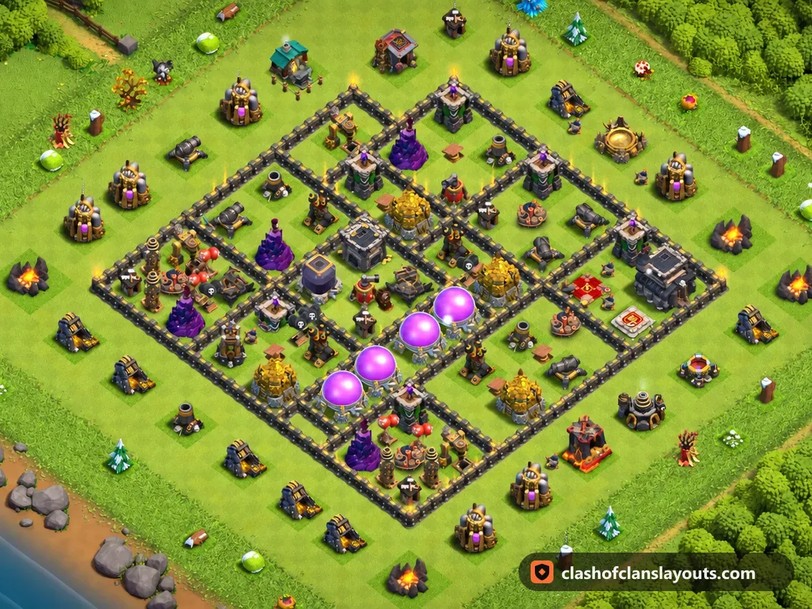 TH9 Farm Base Layout 264: Clash of Clans Town Hall 9 farm base layout, full base picture