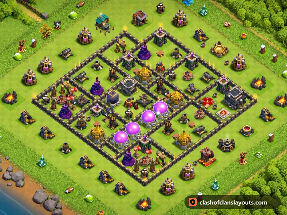 TH9 Farm Base Layout 264: Clash of Clans Town Hall 9 farm base layout, full base picture