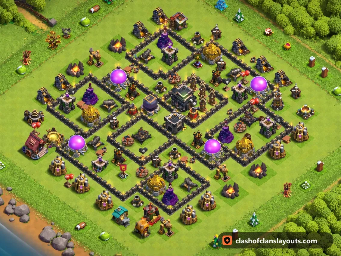 TH9 Farm Base Layout 265: Clash of Clans Town Hall 9 farm base layout, full base picture