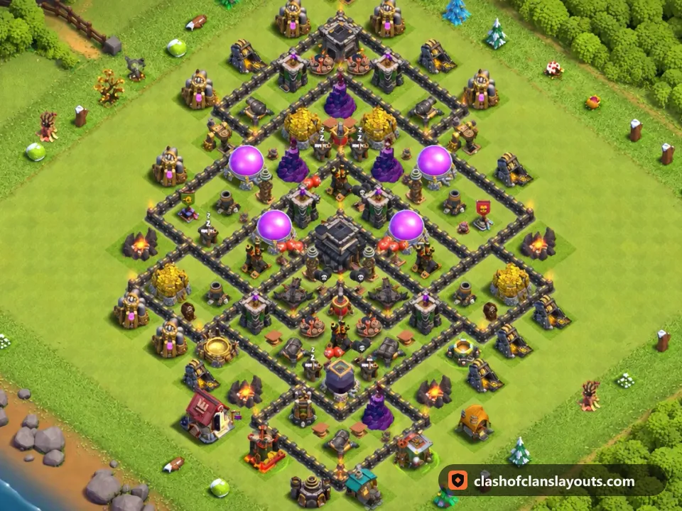 TH9 Farm Base Layout 266: Clash of Clans Town Hall 9 farm base layout, full base picture