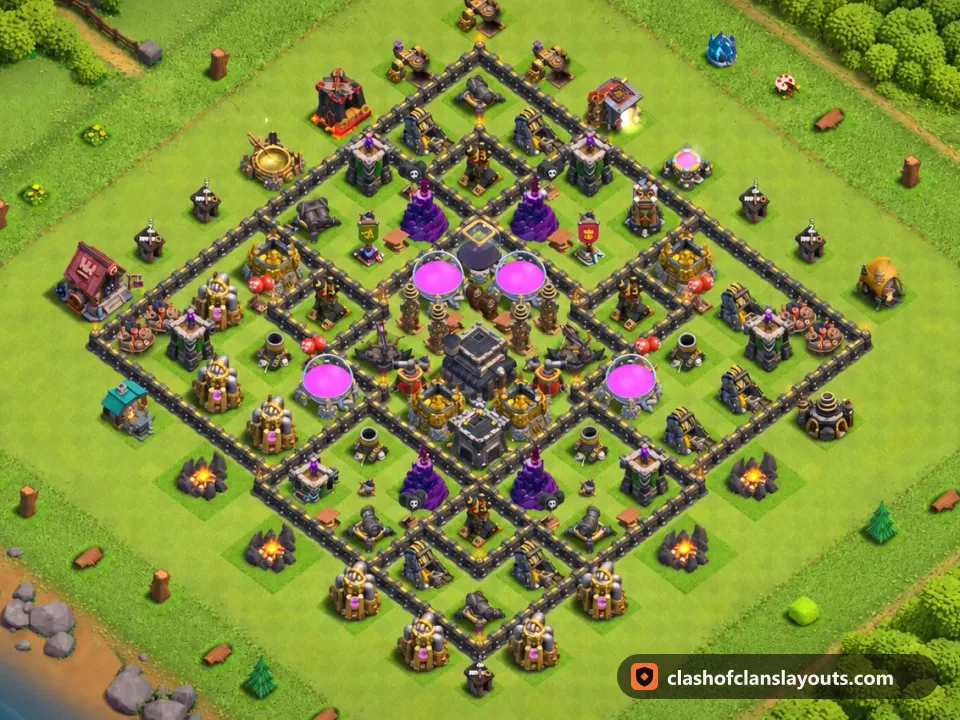TH9 Farm Base Layout 269: Clash of Clans Town Hall 9 farm base layout, full base picture