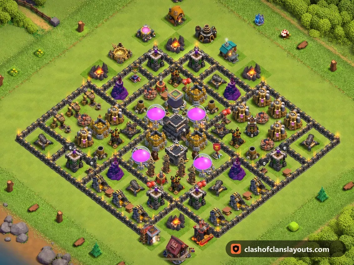 TH9 Farm Base Layout 270: Clash of Clans Town Hall 9 farm base layout, full base picture
