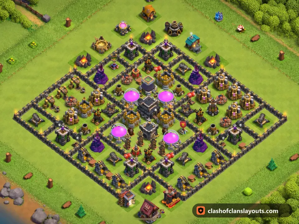 TH9 Farm Base Layout 270: Clash of Clans Town Hall 9 farm base layout, full base picture