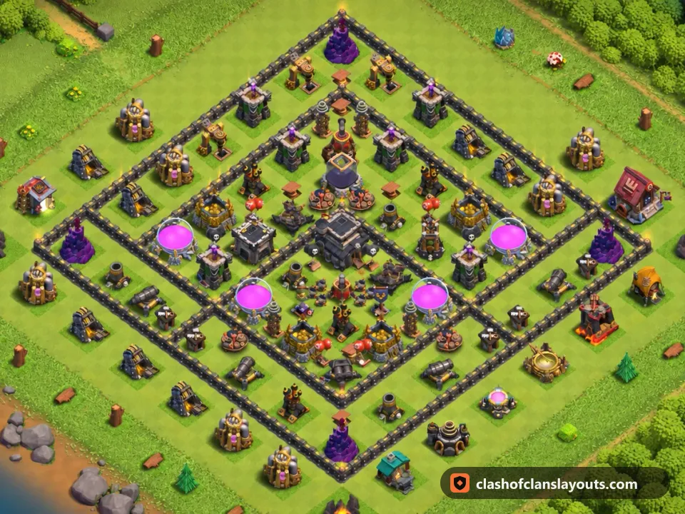 TH9 Farm Base Layout 271: Clash of Clans Town Hall 9 farm base layout, full base picture