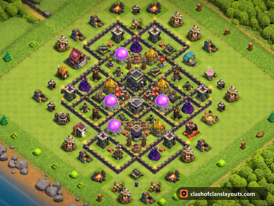 TH9 Farm Base Layout 273: Clash of Clans Town Hall 9 farm base layout, full base picture