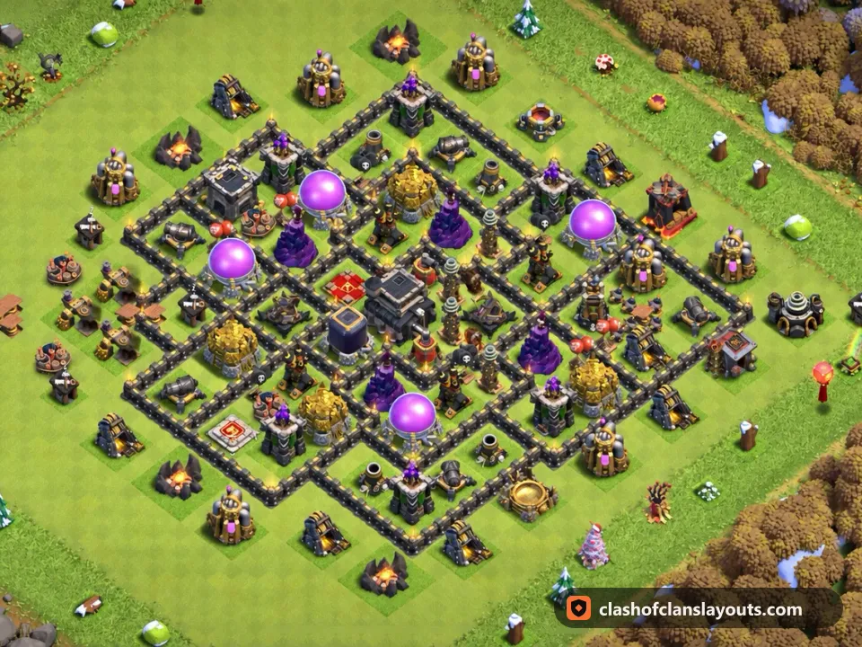 TH9 Hybrid Base Layout 233: Clash of Clans Town Hall 9 hybrid base layout, full base picture