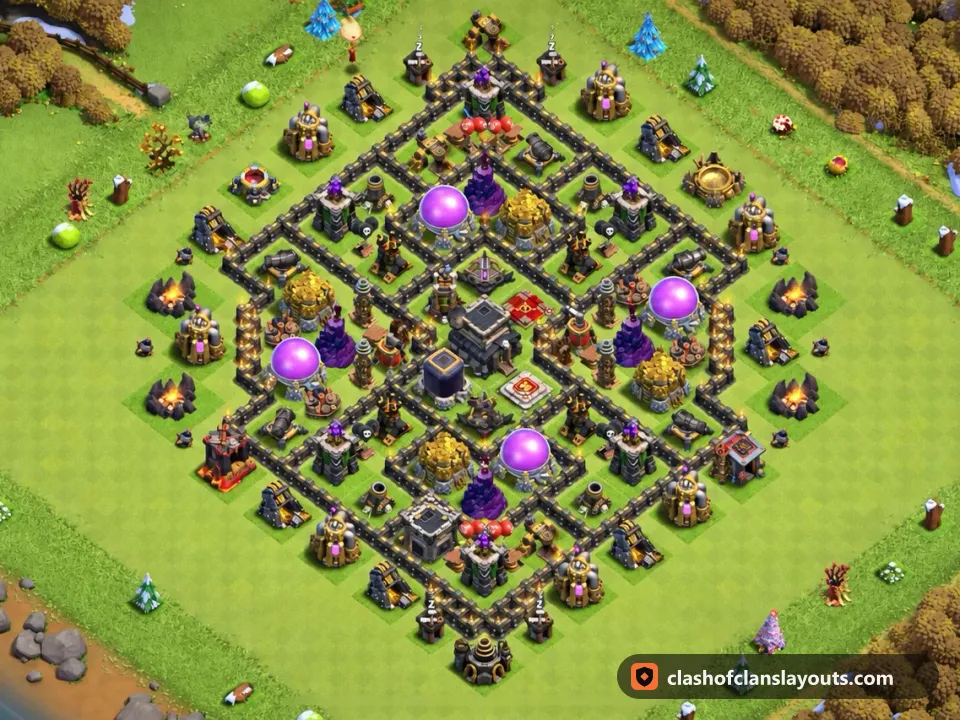 TH9 Hybrid Base Layout 234: Clash of Clans Town Hall 9 hybrid base layout, full base picture