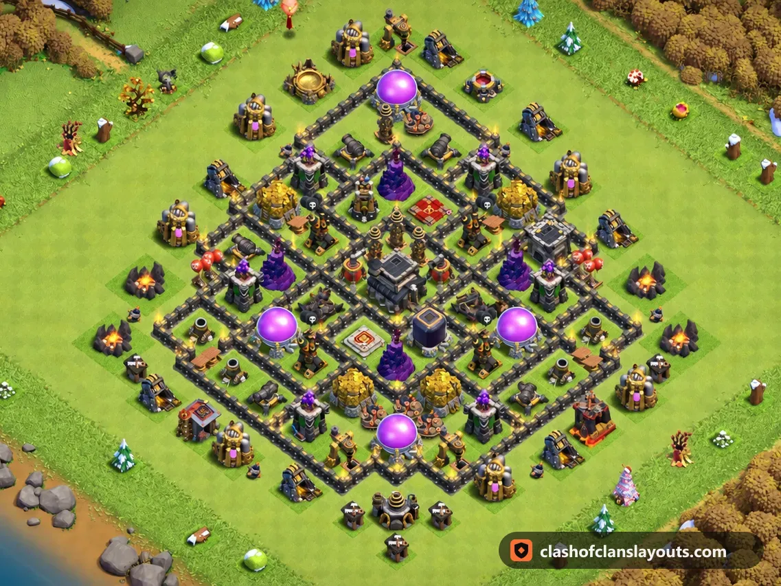 Base Ibrida TH9 235: layout base ibrida per Municipio 9 di Clash of Clans, immagine completa della base