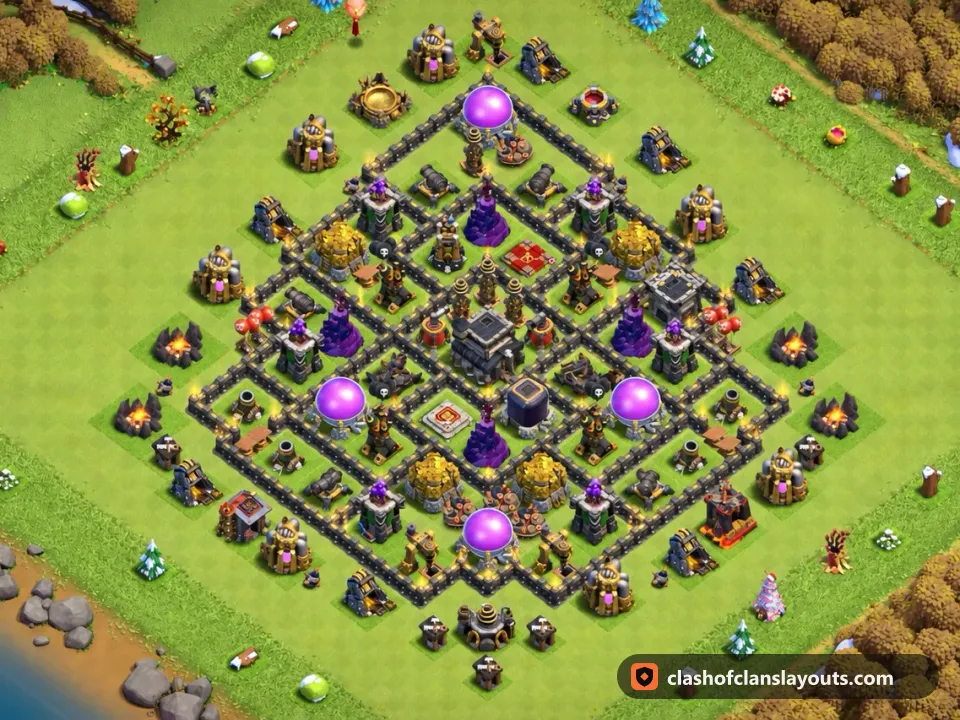 TH9 Hybrid Base Layout 235: Clash of Clans Town Hall 9 hybrid base layout, full base picture