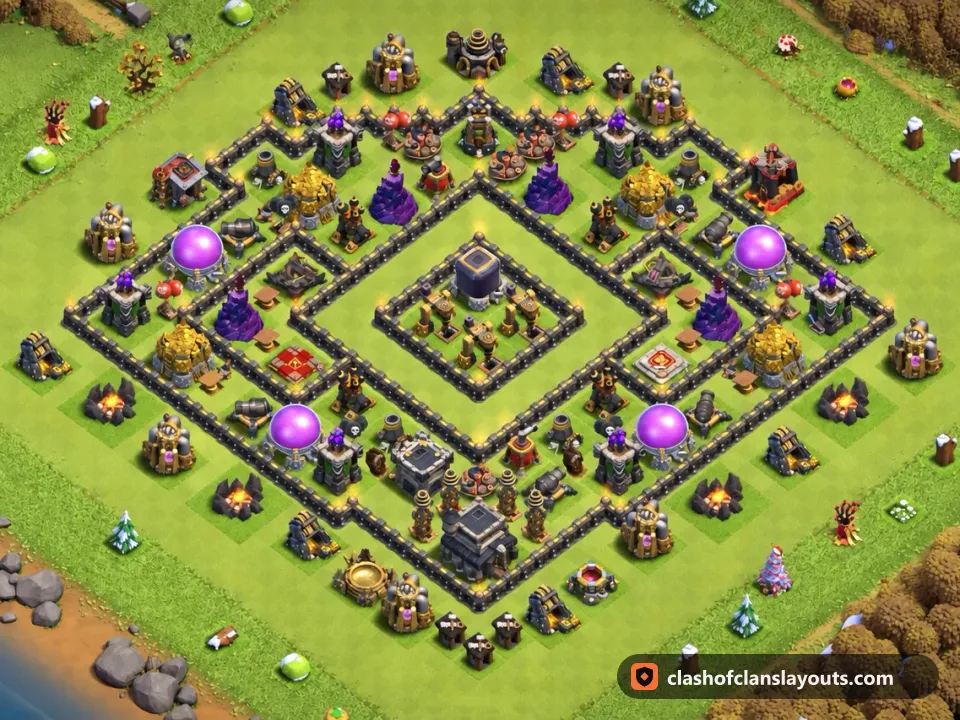 TH9 Hybrid Base Layout 236: Clash of Clans Town Hall 9 hybrid base layout, full base picture