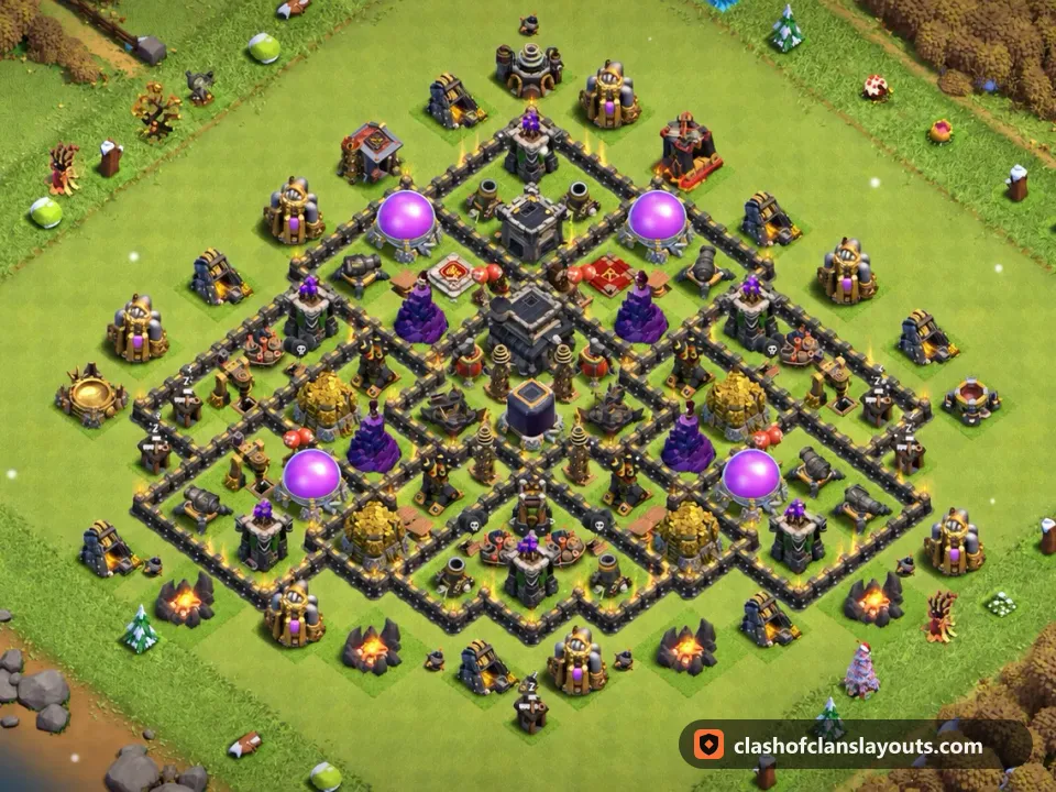 TH9 Hybrid Base Layout 237: Clash of Clans Town Hall 9 hybrid base layout, full base picture