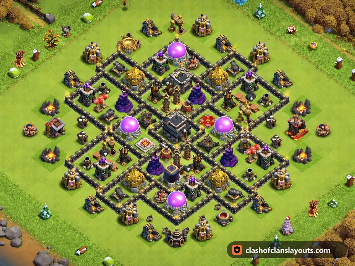 Base Ibrida TH9 238: layout base ibrida per Municipio 9 di Clash of Clans, immagine completa della base