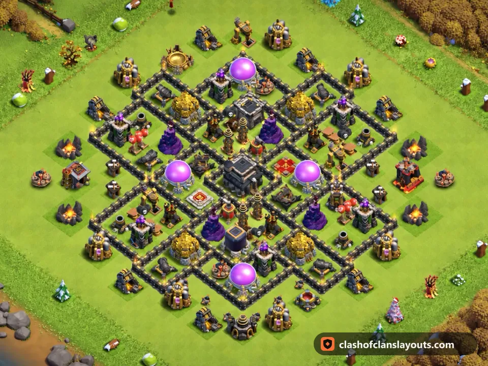 TH9 Hybrid Base Layout 238: Clash of Clans Town Hall 9 hybrid base layout, full base picture