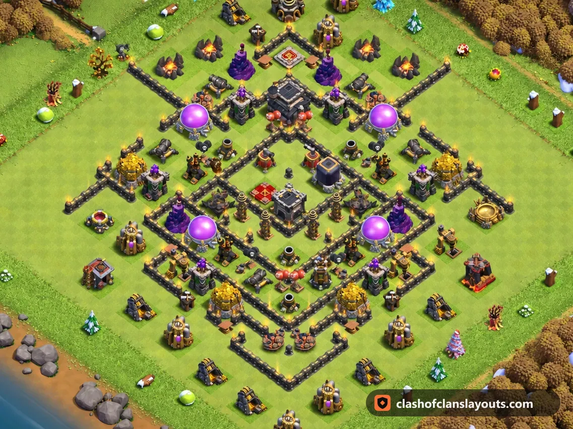 Base Ibrida TH9 240: layout base ibrida per Municipio 9 di Clash of Clans, immagine completa della base