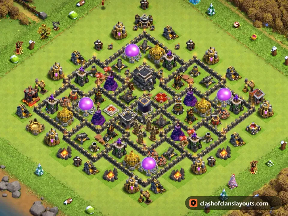 TH9 Hybrid Base Layout 241: Clash of Clans Town Hall 9 hybrid base layout, full base picture
