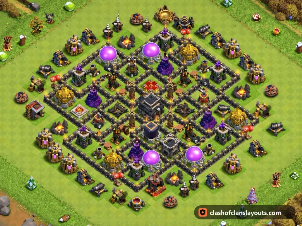 TH9 Hybrid Base Layout 242: Clash of Clans Town Hall 9 hybrid base layout, full base picture