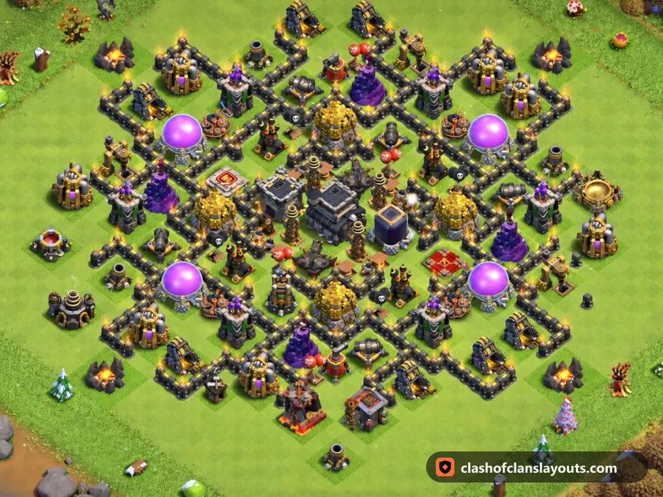 TH9 Hybrid Base Layout 243: Clash of Clans Town Hall 9 hybrid base layout, full base picture