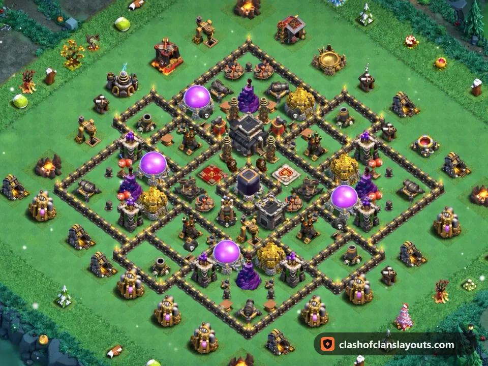 TH9 Hybrid Base Layout 244: Clash of Clans Town Hall 9 hybrid base layout, full base picture