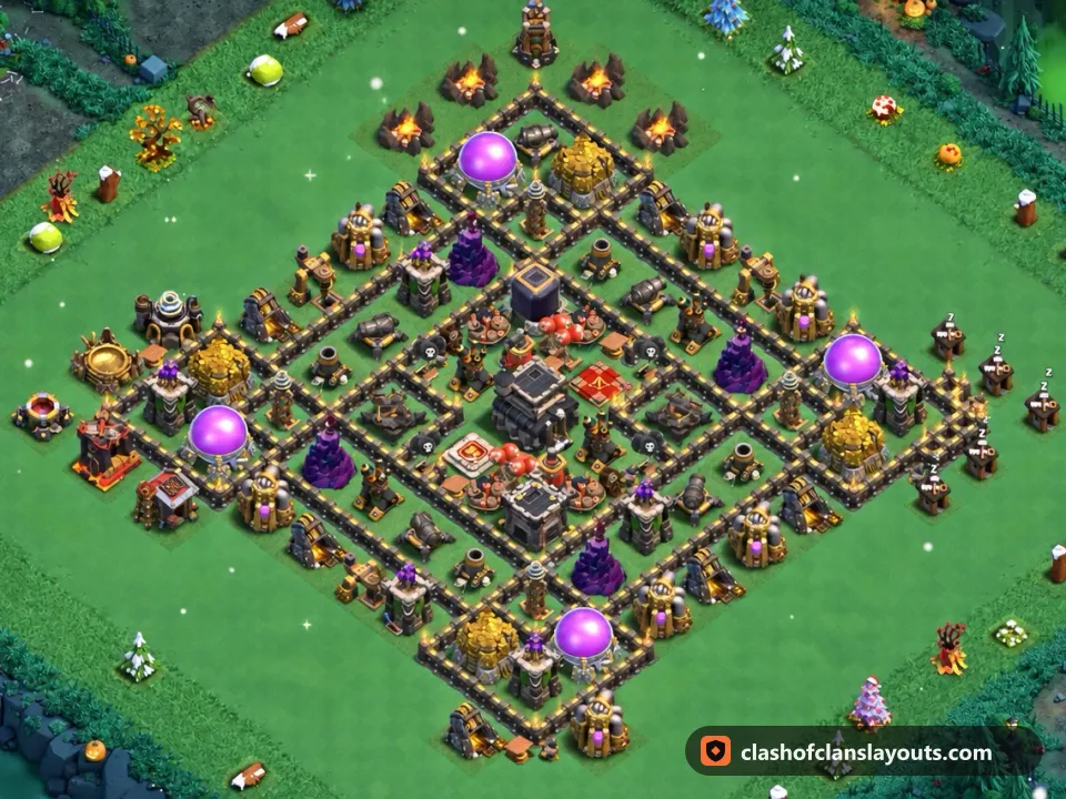 TH9 Hybrid Base Layout 245: Clash of Clans Town Hall 9 hybrid base layout, full base picture