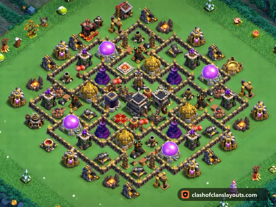 TH9 Hybrid Base Layout 246: Clash of Clans Town Hall 9 hybrid base layout, full base picture
