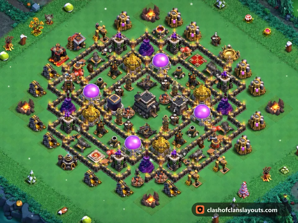 TH9 Hybrid Base Layout 247: Clash of Clans Town Hall 9 hybrid base layout, full base picture