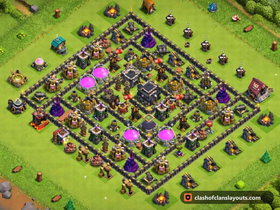 TH9 Trophy Base Layout 247: Clash of Clans Town Hall 9 trophy base layout, full base picture
