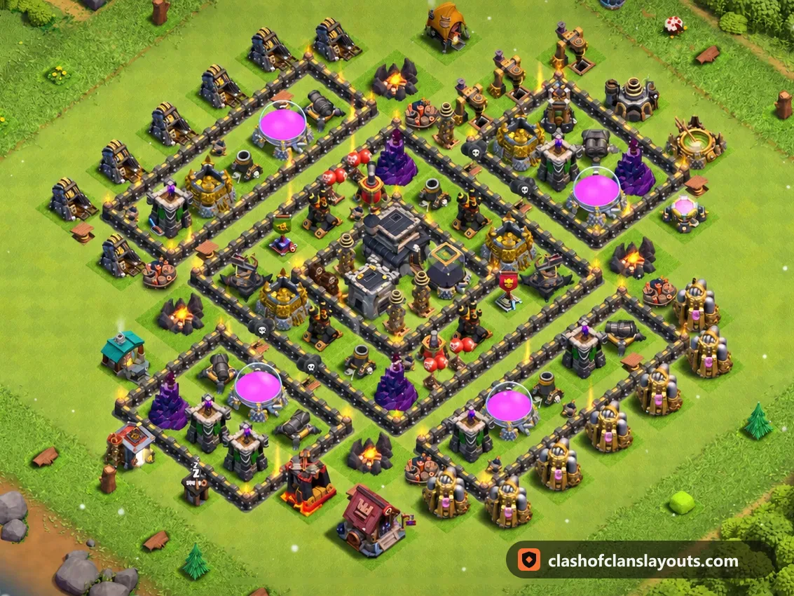 Base da Trofei TH9 248: layout base trofei per Municipio 9 di Clash of Clans, immagine completa della base