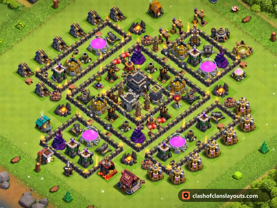 TH9 Trophy Base Layout 248: Clash of Clans Town Hall 9 trophy base layout, full base picture