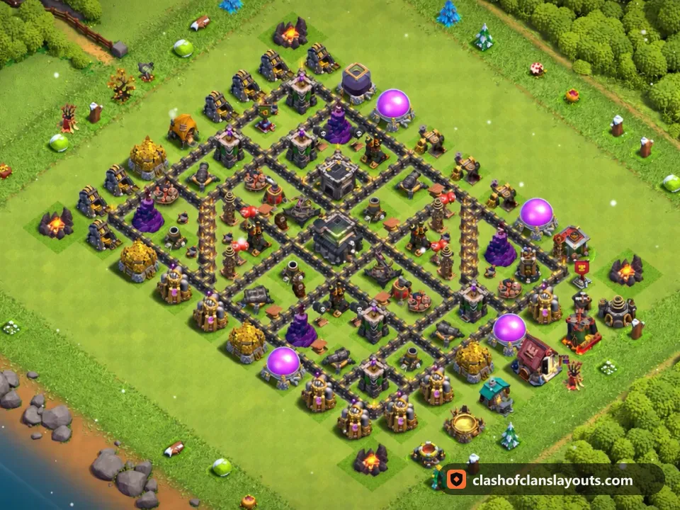 TH9 Trophy Base Layout 249: Clash of Clans Town Hall 9 trophy base layout, full base picture