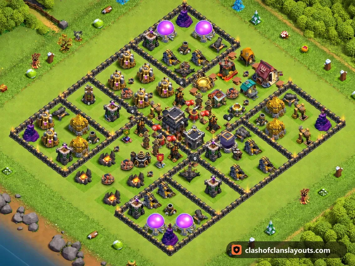 Base da Trofei TH9 250: layout base trofei per Municipio 9 di Clash of Clans, immagine completa della base
