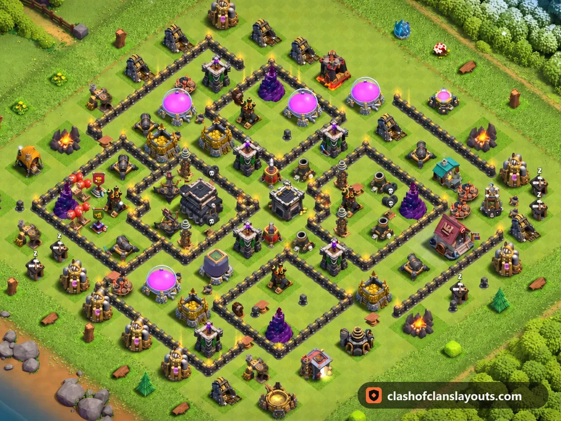 Base de Trophées TH9 251 : plan de base de trophées HDV 9 Clash of Clans, image complète de la base