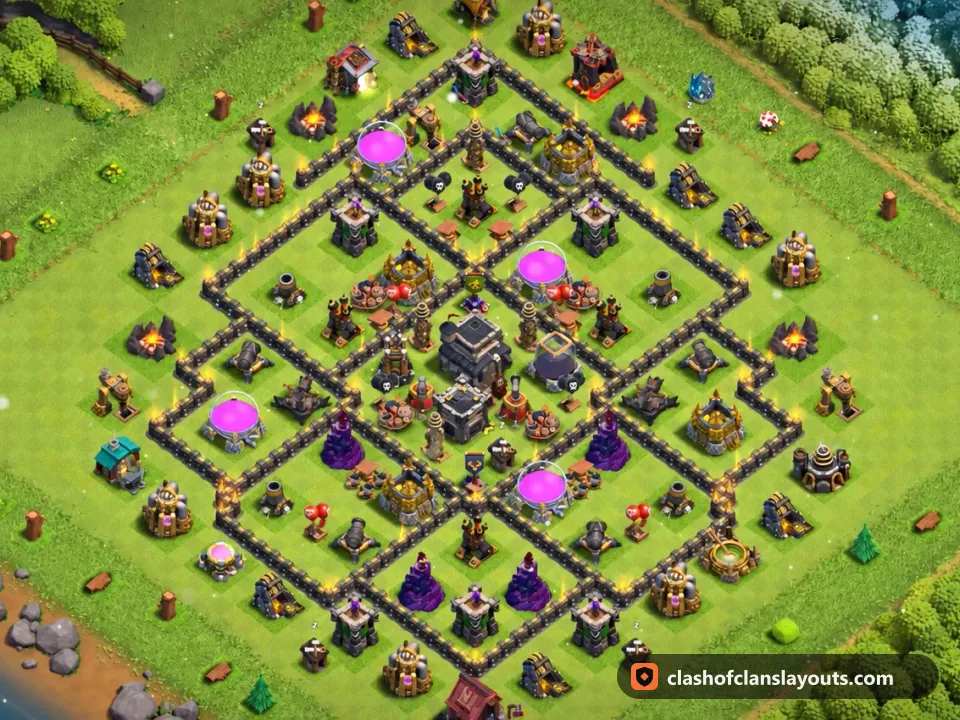 TH9 Trophy Base Layout 252: Clash of Clans Town Hall 9 trophy base layout, full base picture